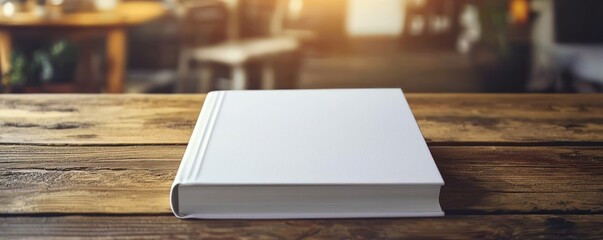 Fototapeta premium White Book Rests on Rustic Wooden Table