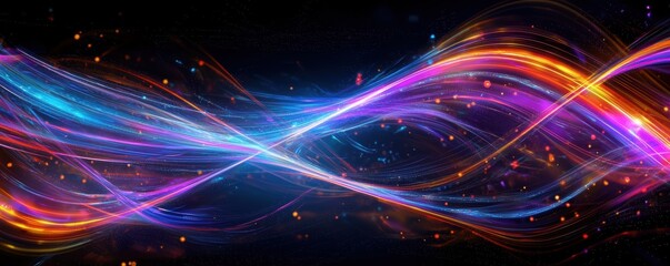 Fototapeta premium Abstract neon waves in vibrant pink, blue, and orange colors with glowing light effects on a dark background.