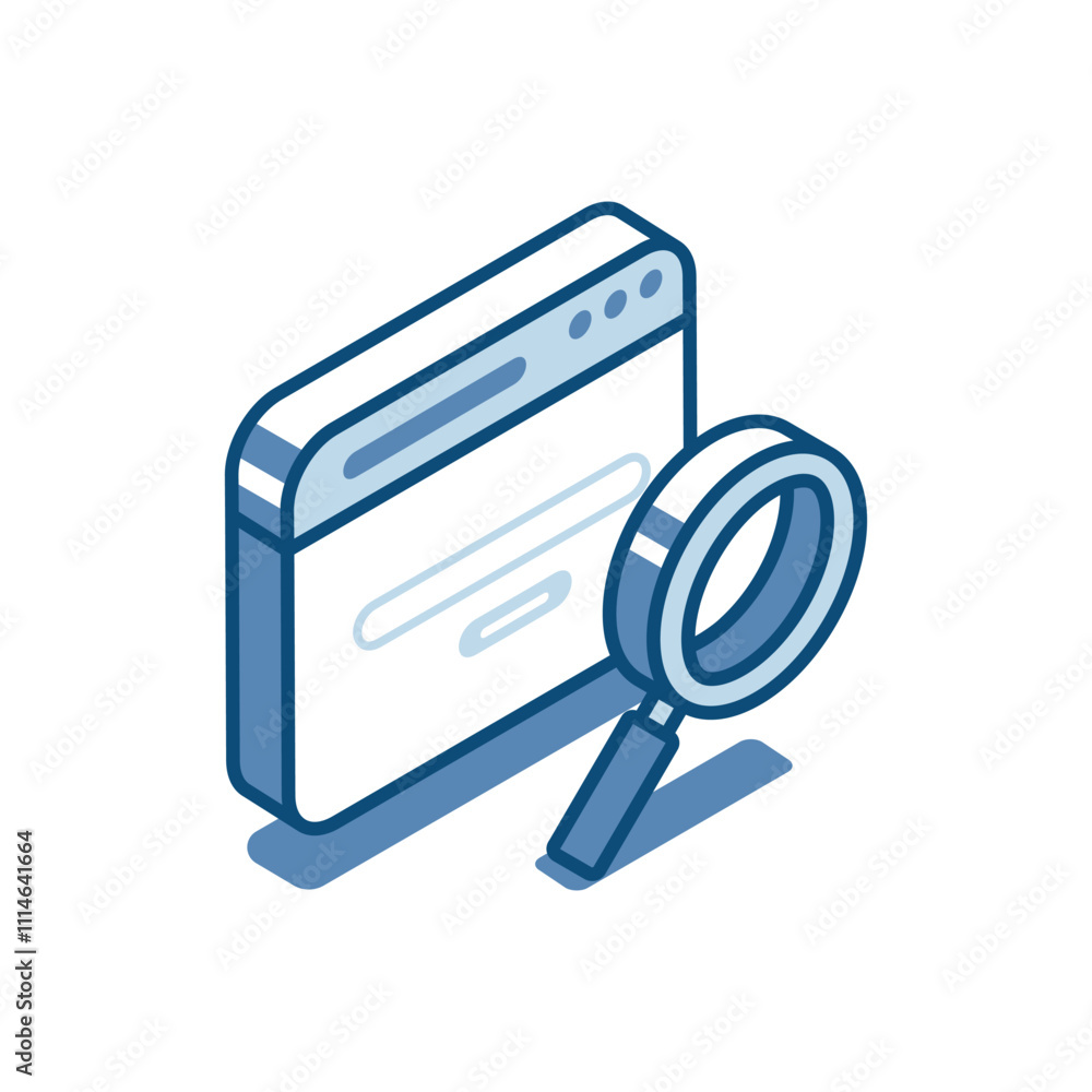 Poster isometric vector browser window and magnifying glass linear icon, in color on a white background, in