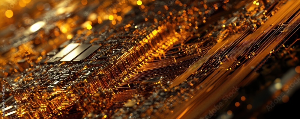 Poster close-up of a gold electronic circuit board with intricate connections and microchips. macro shot of