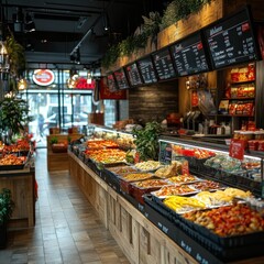 Obraz premium A vibrant food market display featuring colorful produce and prepared dishes.