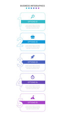 Vertical progress bar featuring 5 arrow-shaped elements, symbolizing the five stages of business strategy and progression. Clean timeline infographic design template. Vector for mobile presentation.