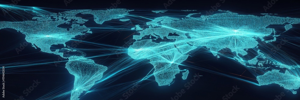 Poster global network connectivity represented by futuristic world map