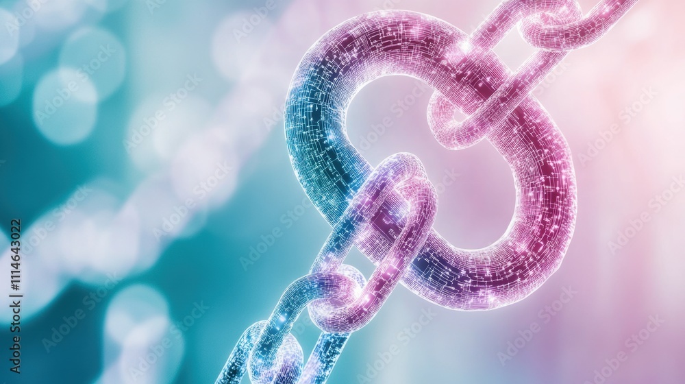 Poster digital chain links with glowing pink and blue textures on a soft gradient background. symbol of blo