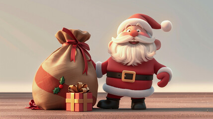 Illustrated Santa with Bag of Gifts. A jolly, cartoon-style Santa with a large sack of presents, suitable for fun and family-oriented cards
