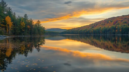 Fototapeta premium Autumn Sunset Over Calm Lake and Colorful Trees