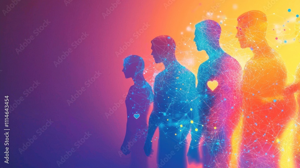 Poster silhouettes of human figures with digital network connections and glowing nodes on a vibrant gradien