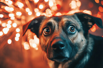 A nervous dog with wide eyes during colorful fireworks