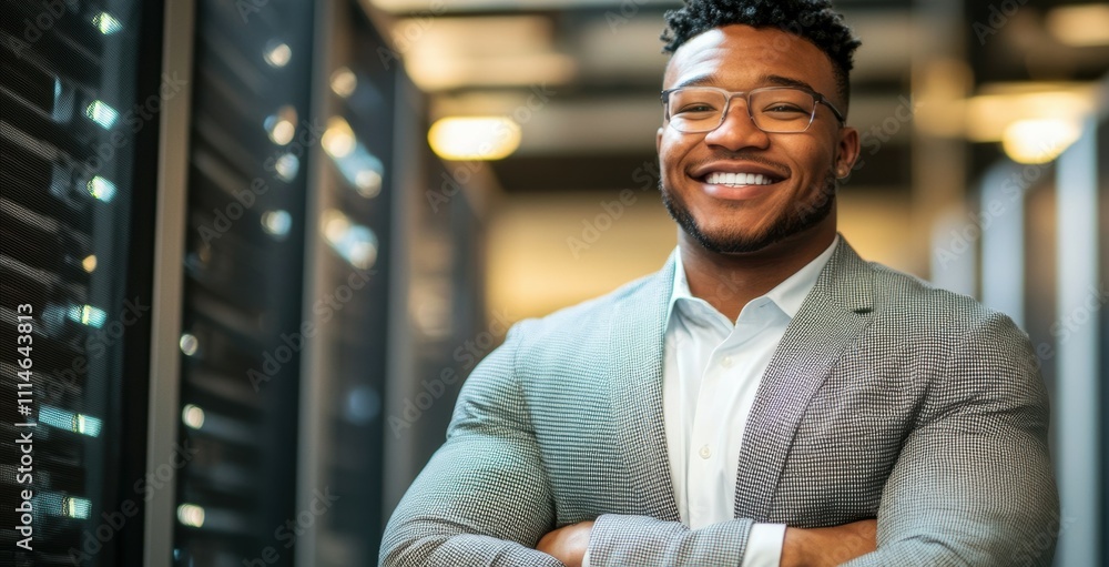 Poster confident professional man in a data center standing with folded arms near server racks.