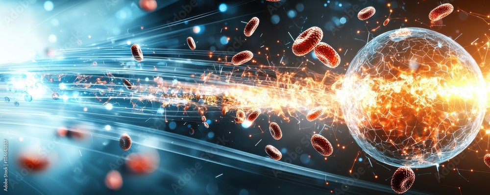 Poster abstract visualization of red blood cells and glowing energy sphere in a dynamic digital environment