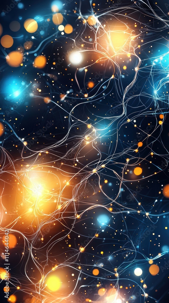 Poster abstract neural network with glowing blue and orange nodes on a dark background.