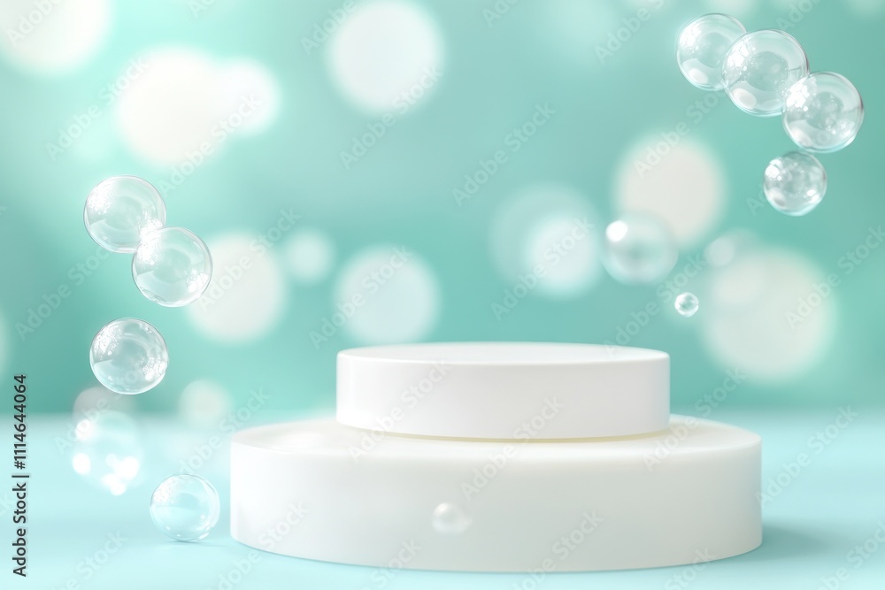 Poster white cylindrical display platform with floating bubbles