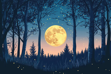 Full moon Night with river and tree vector illustrations 