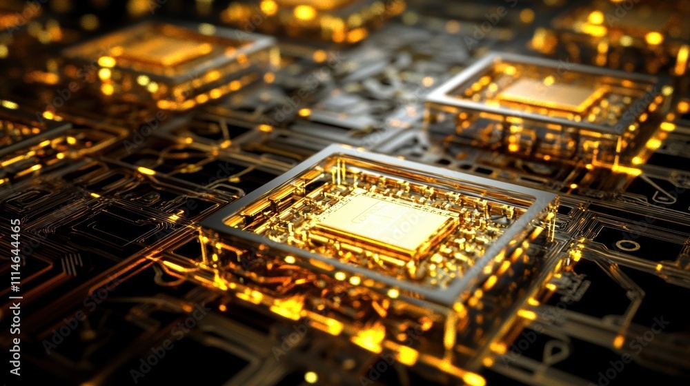 Poster golden microchips interconnected on a dark circuit board with intricate glowing patterns