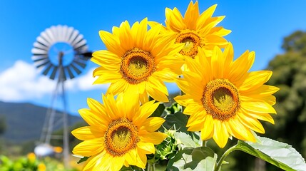 Obraz premium Bright Yellow Sunflowers Bloom Near a Windmill