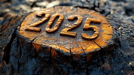 2025 carved into aged tree stump.