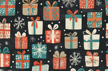 Colorful wrapped gift boxes on a festive background with snowflakes and ribbons