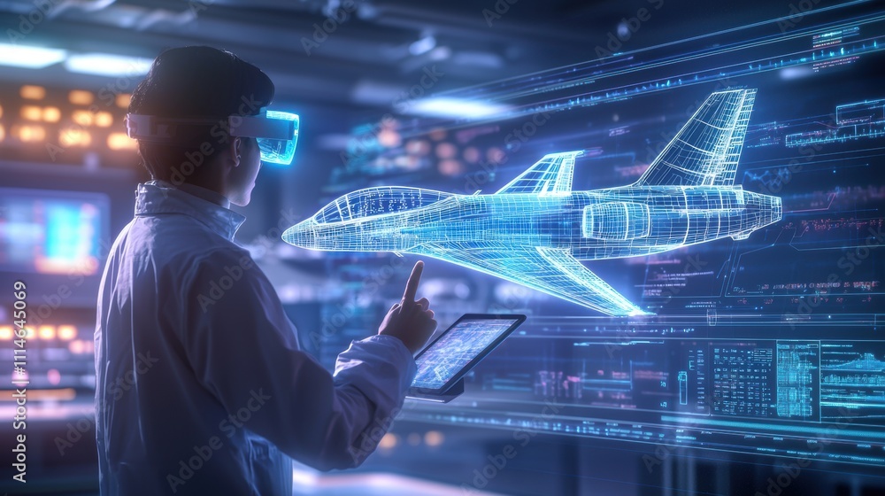 Poster scientist using virtual reality headset to design a digital 3d model of an airplane