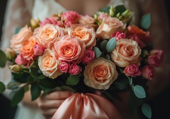 Obraz premium Florist arranging elegant rose bouquet with silk ribbon for special occasion or gift