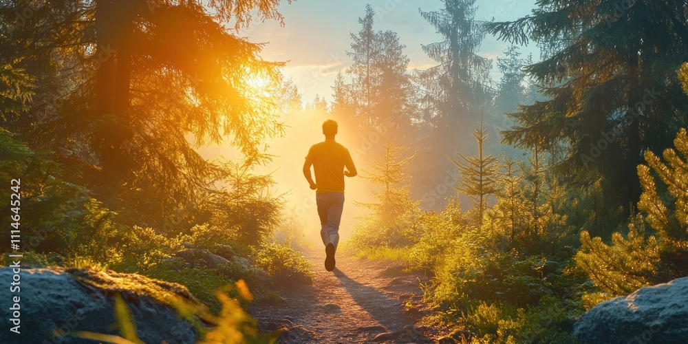 Poster Man Running Through Sunlit Forest Path