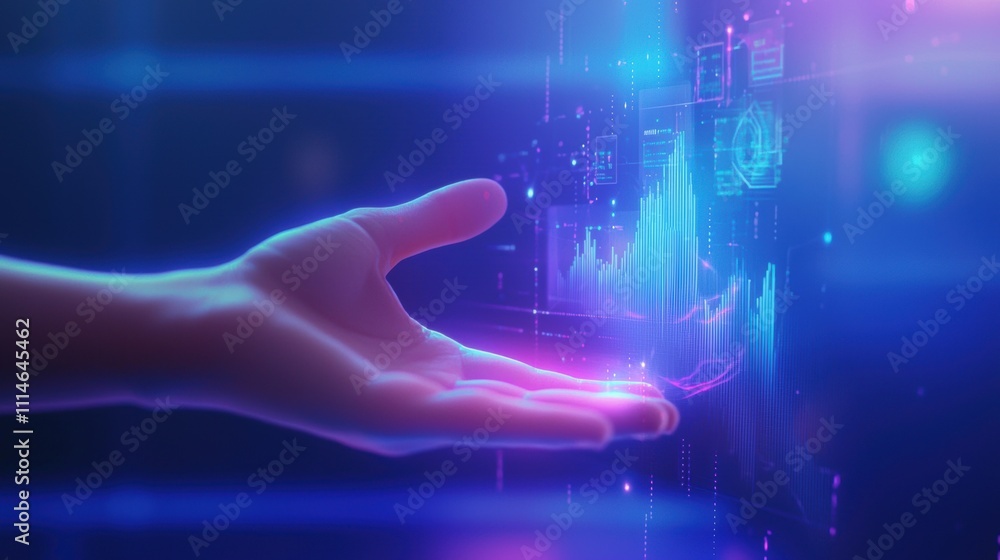 Poster hand interacting with digital holographic graphs and data on a glowing futuristic interface.