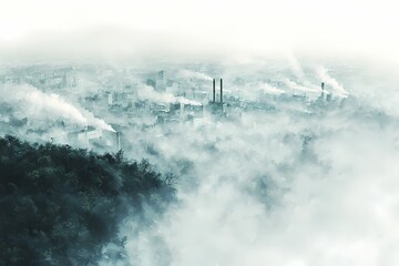 Fototapeta premium Industrial Landscape with Smokestacks and Foggy Atmosphere