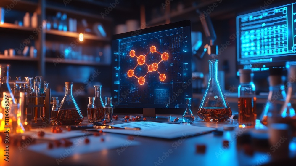 Poster high-tech laboratory with holographic displays and scientific instruments in a modern environment