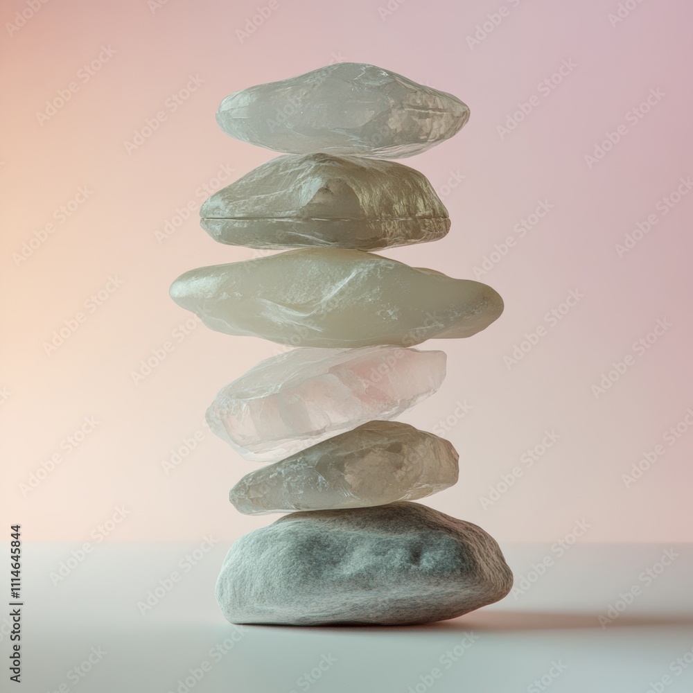Poster balanced stack of translucent crystal-like stones on a subtle gradient background