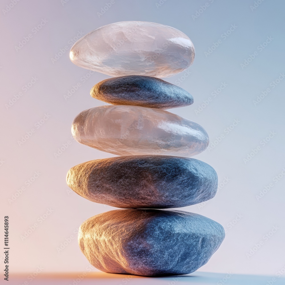 Poster balanced stack of translucent crystal-like stones on a subtle gradient background