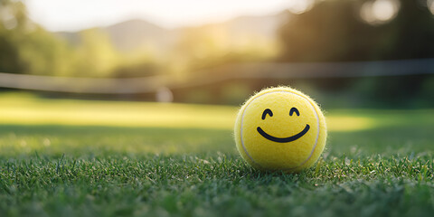 Smiling Tennis Ball on Vibrant Green Lawn at Sunrise