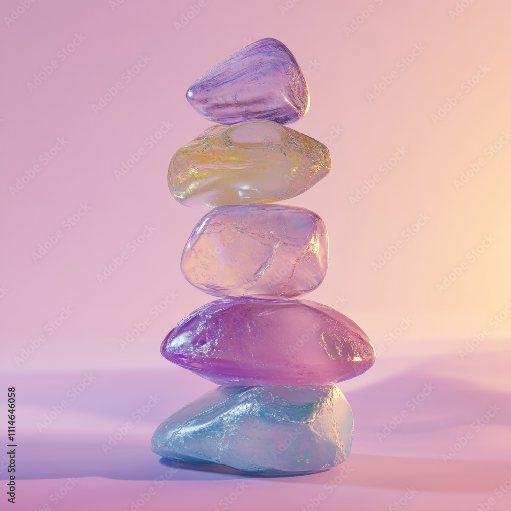 Poster balanced stack of translucent crystal-like stones on a subtle gradient background