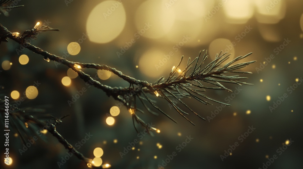 Poster pine tree branch decorated with glowing fairy lights and bokeh effect.