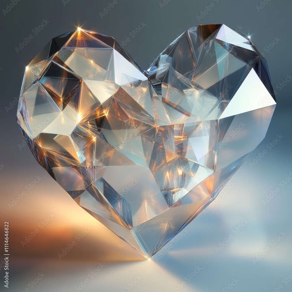 Poster crystal-like geometric structures forming a heart shape, rendered with soft light reflections
