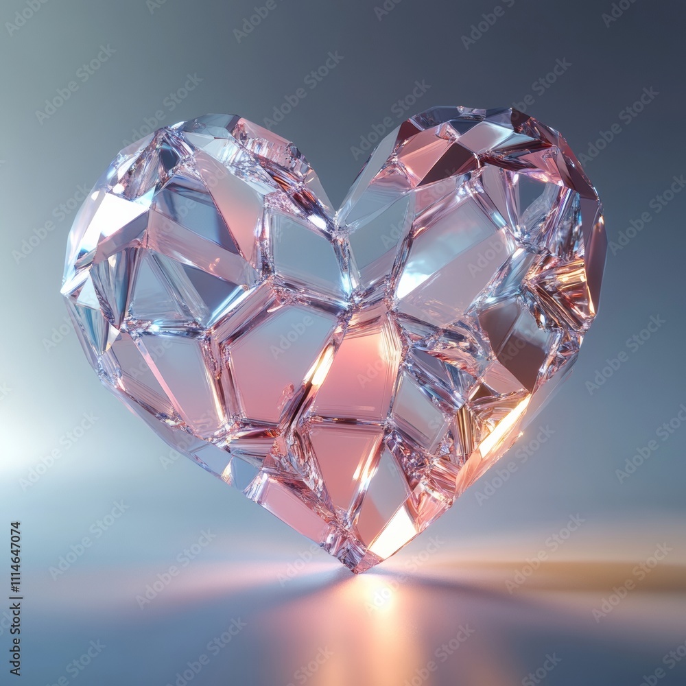 Poster crystal-like geometric structures forming a heart shape, rendered with soft light reflections