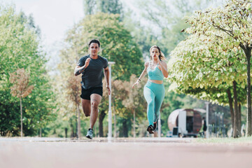 Obraz premium Two friends enjoying a refreshing jog in a park on a sunny day, embracing fitness and friendship. Surrounded by green trees, they enhance their health in a natural setting.
