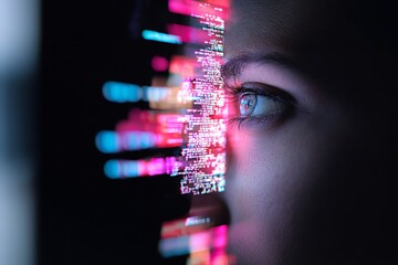 Futuristic Close-Up of a Holographic Face and Digital Glow