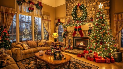 Festive Christmas Living Room Decorated With Trees And Presents