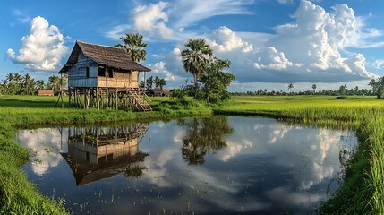 Fototapeta premium Stilt House Reflecting in Calm Rice Paddy Water