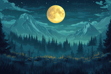 Full moon Night with river and tree vector illustrations 