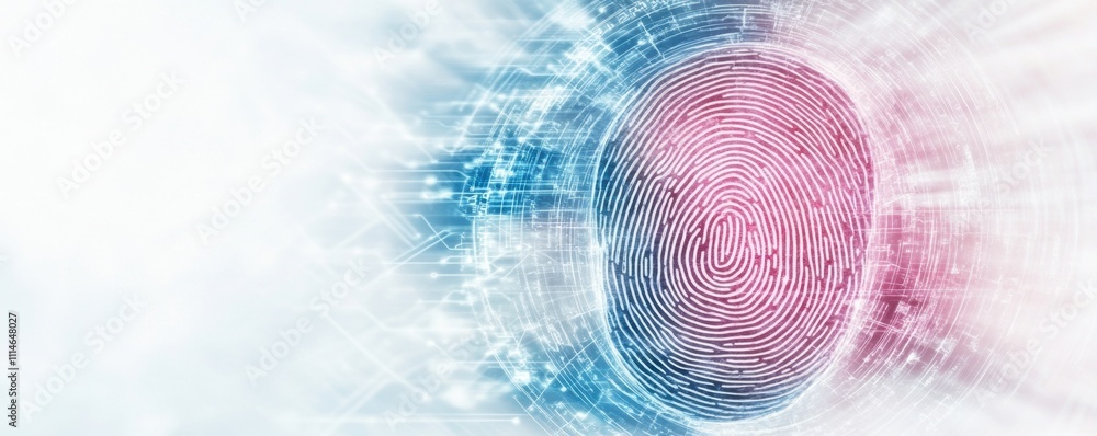 Poster abstract fingerprint scan with digital circuitry on a blue and pink background. futuristic represent