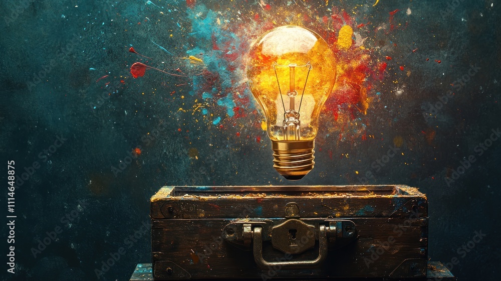 Poster Illuminated Lightbulb Exploding with Colorful Paint Splashes