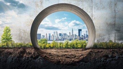 Fototapeta premium Concrete Tunnel Reveals City Skyline And Lush Greenery