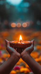 Person holding a lit candle in the dark, symbolizing hope and peace during a festive celebration.