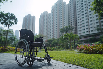 Black wheelchair on the sidewalk in front of a building, symbolizing accessibility and care.