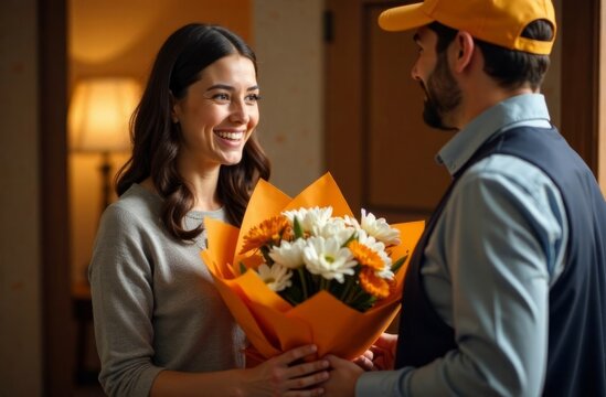 Happy woman receiving a bouquet of flowers from a delivery person indoors