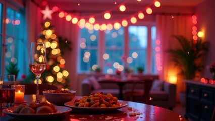 Festively arranged dining table with food, drinks, and colorful decorations, set for a cheerful holiday celebration