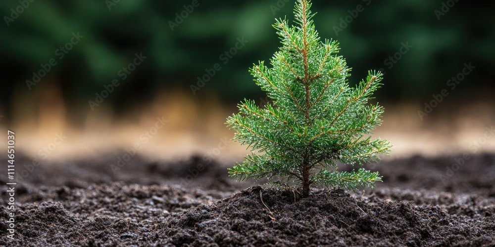 Poster a small evergreen tree sapling planted in dark soil