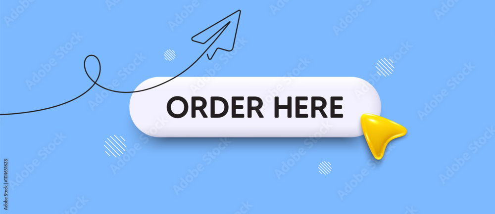 Poster order here message in search bar 3d template. order here search button. 3d mouse cursor with continu