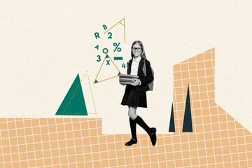 Composite collage picture image of schoolgirl study math carry books school shopping billboard...