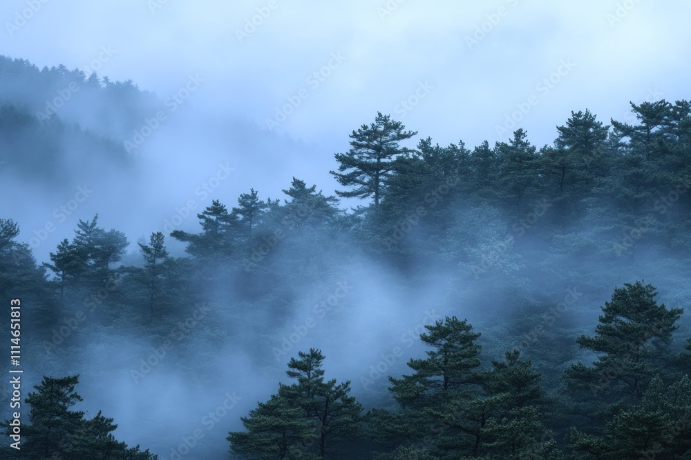 Poster misty mountain forest trees enveloped in fog